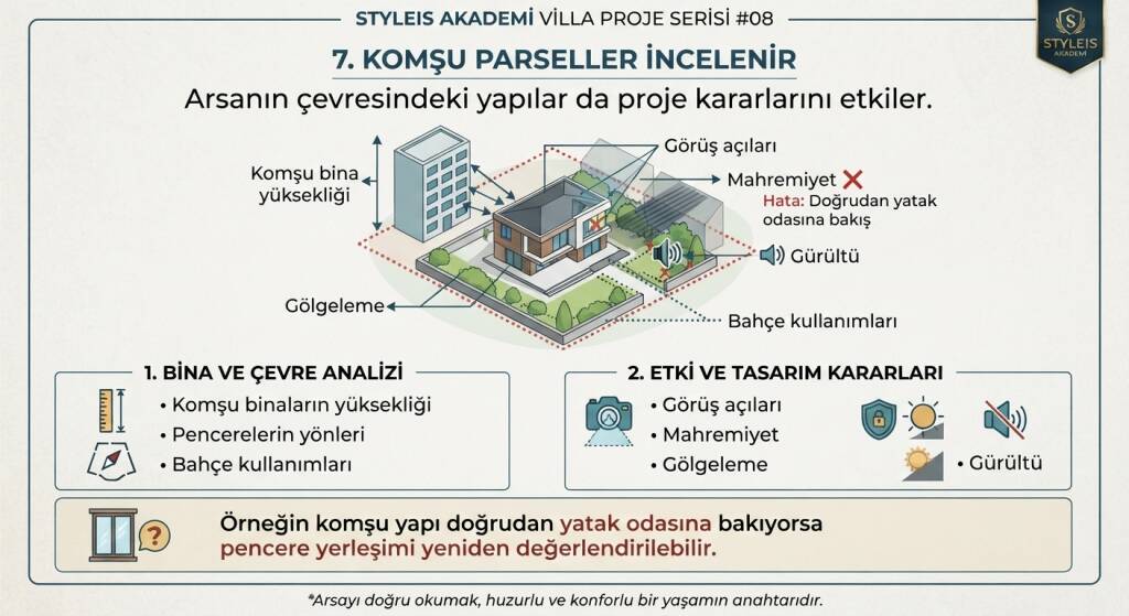 Arsanın çevresindeki yapılar da proje kararlarını etkiler