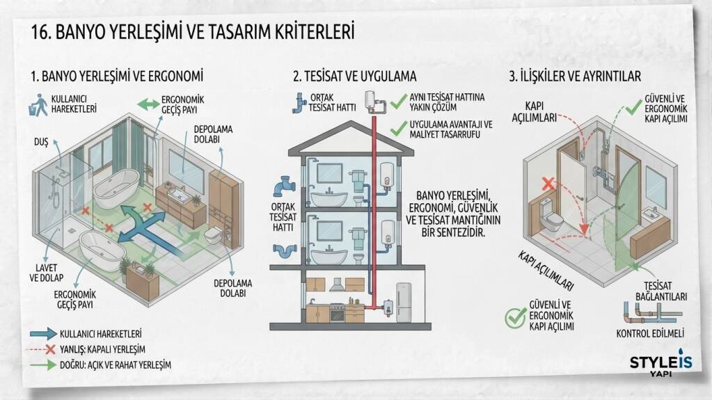 Birden fazla ıslak hacmin aynı tesisات hattına yakın çözülmesi uygulama açısından avantaj sağlayabilir
