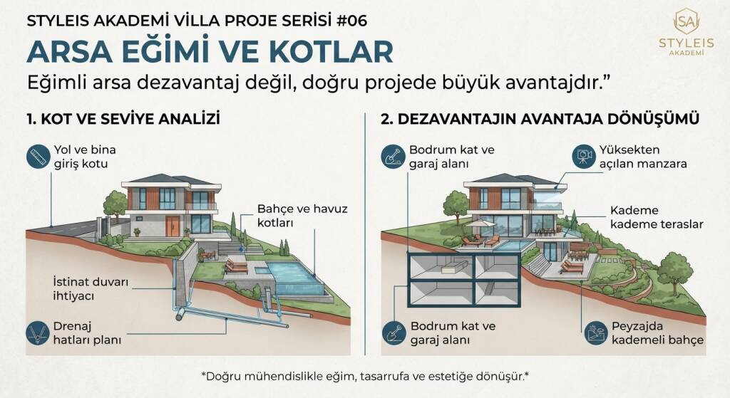 Eğimli arsa dezavantaj değil,
doğru projede büyük avantajdır