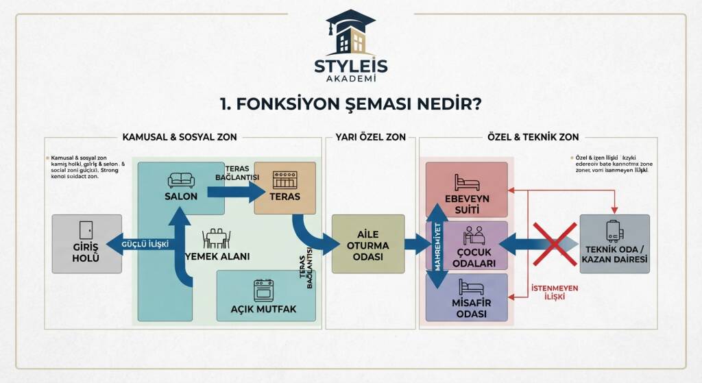 Fonksiyon şeması, villa içerisindeki mekanların birbirleriyle olan kullanım ilişkilerini gösteren tasarım aşamasıdır