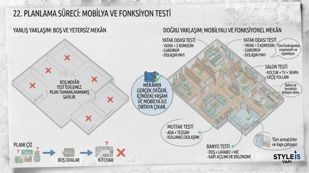 Planın son kontrolünde her mekan mobilya ile test edilir