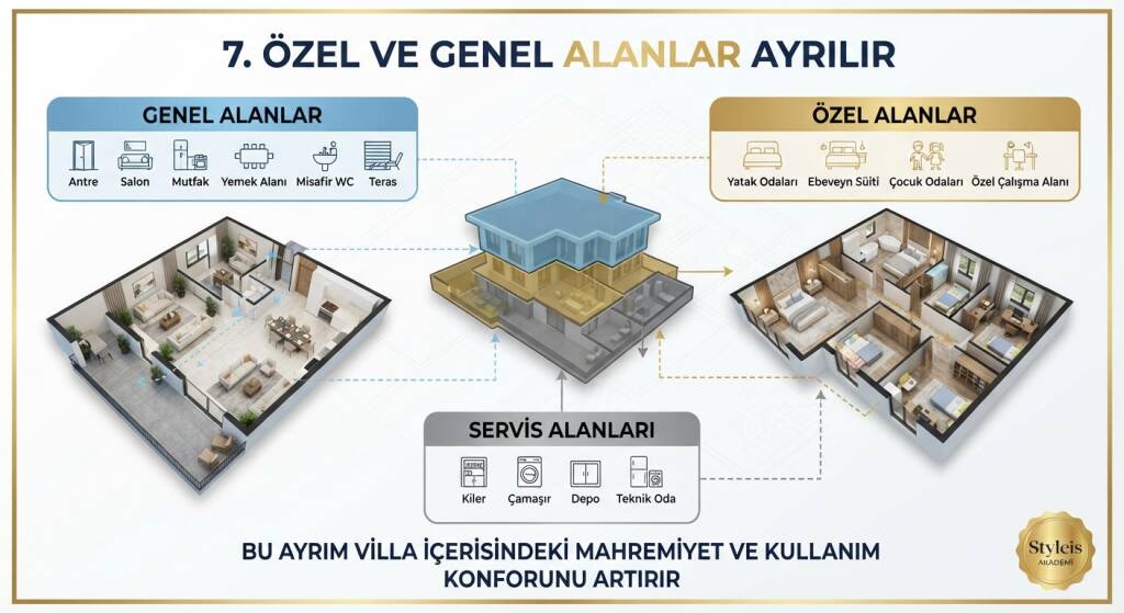 Villa içerisinde herkesin kullandığı alanlarla özel alanlar birbirinden ayrılmalıdır