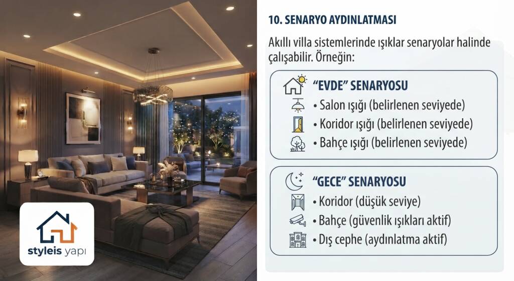 Akıllı villa sistemlerinde ışıklar senaryolar halinde çalışabilir