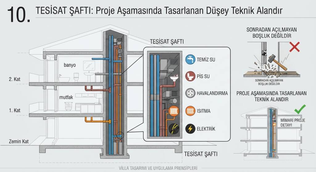 Birden fazla katlı villada düşey tesisat için şaft planlanabilir
