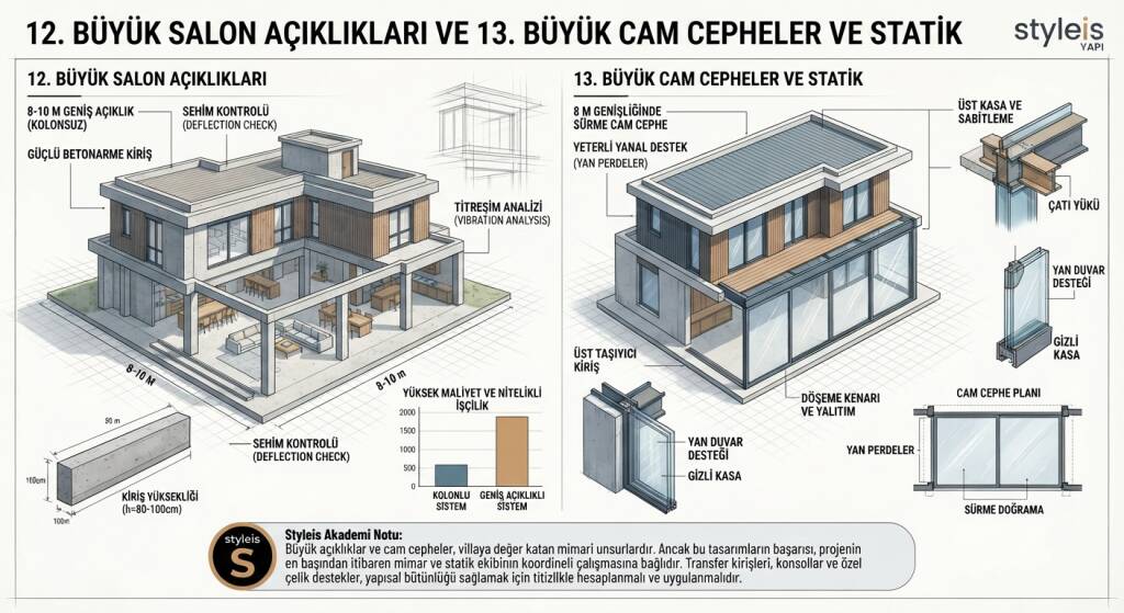 Lüks villa projelerinde geniş ve kolonsuz salonlar