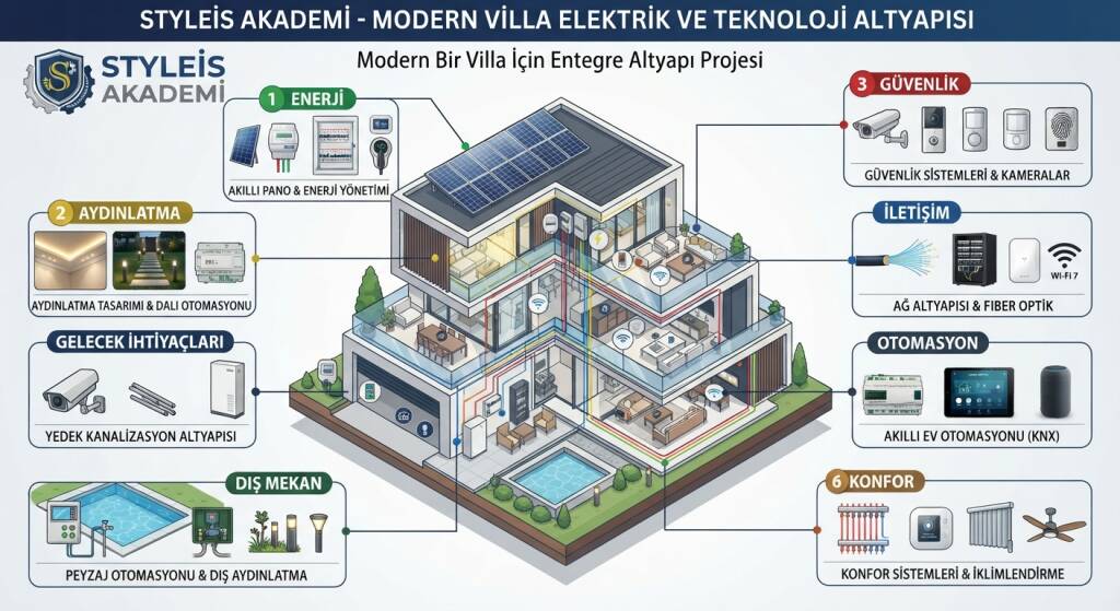 Modern bir villanın elektrik ve teknoloji altyapısı