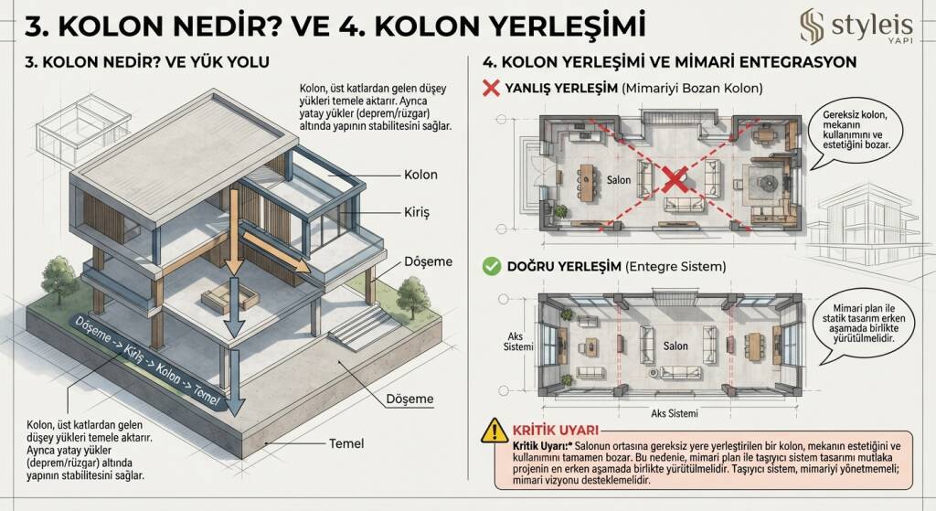 Villa planında kolonların konumu asla rastgele belirlenemez