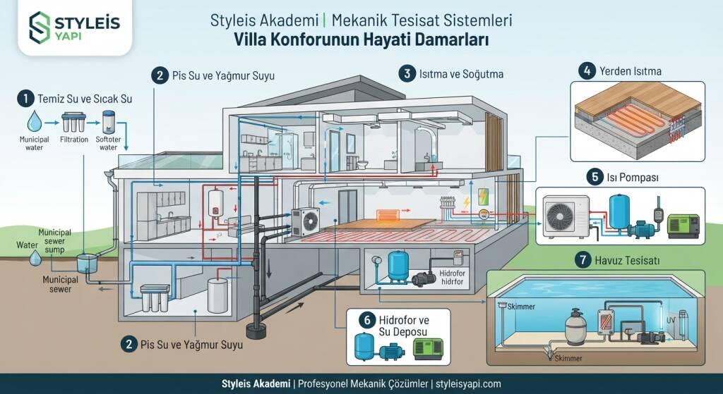 villa içerisindeki su, ısıtma, soğutma ve atık su sistemleri